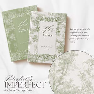May include: Two green and white vintage style vow books with the words "His Vows" and "Her Vows" on the covers. The books are on a white surface with a green and white floral pattern.