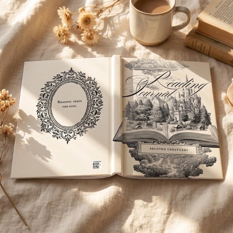 Peut inclure: Un journal de lecture ouvert avec un cadre ovale d&eacute;coratif et le texte "Reading Feeds The Soul". La page de droite pr&eacute;sente une illustration d&eacute;taill&eacute;e d'un ch&acirc;teau et d'une for&ecirc;t avec les mots "Reading Journal" et "Beloved Creatures".