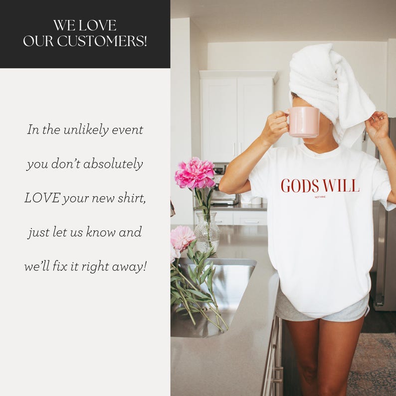 May include: White t-shirt with the text "GODS WILL" printed in red. The person in the image is wearing the shirt and holding a pink mug.