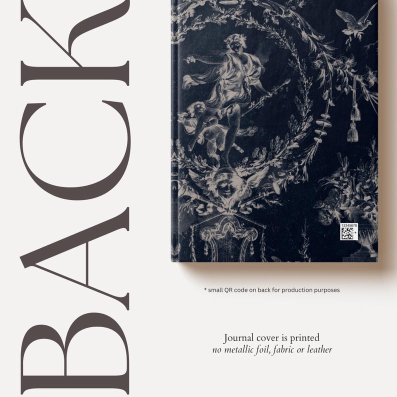 May include: A dark blue journal cover with a white and grey floral design. The cover features a cherub with wings and a small QR code on the back.