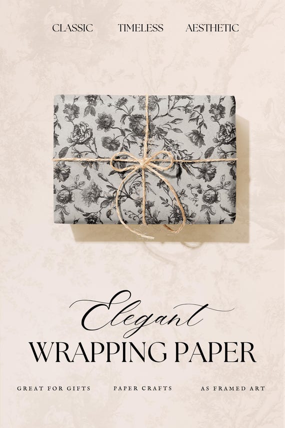 Black Vintage Wrapping Paper | Dark Academia Old Money Style | Toile Floral Stripe Check Gift Wrap | Holiday Journaling Supplies