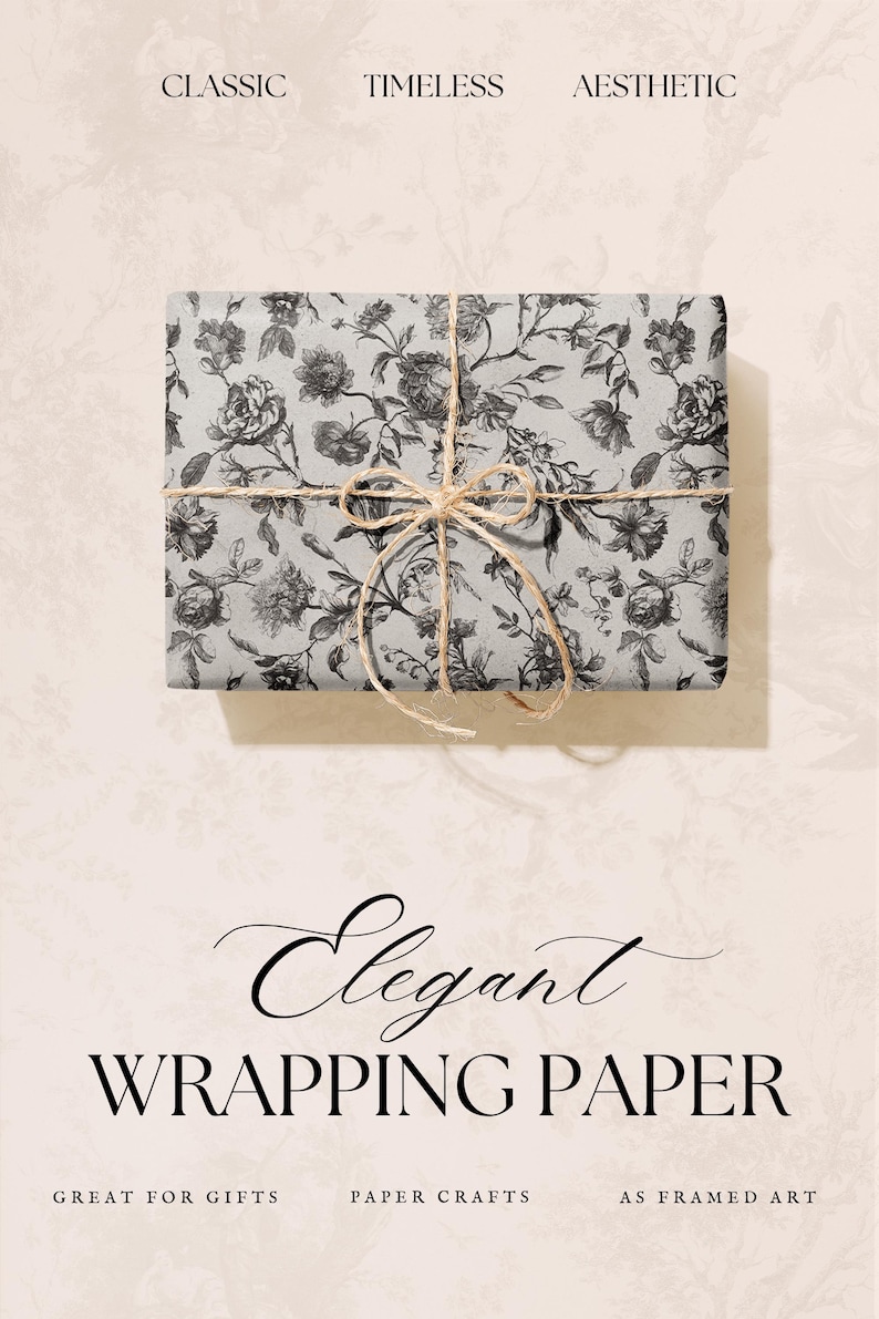 Puede incluir: Un regalo envuelto en papel de regalo floral gris y negro, atado con hilo. Las palabras "Elegant Wrapping Paper" se muestran en una fuente decorativa. Las palabras "Classic", "Timeless" y "Aesthetic" est&aacute;n en la parte superior.