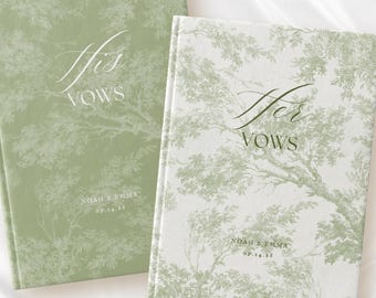 May include: Two hardcover vow books featuring a sage green and white toile tree pattern. The left book is sage green with white text reading His VOWS, NOAH & EMMA, and 09.24.26. The right book is white with sage text reading Her VOWS, NOAH & EMMA, and 09.24.26.