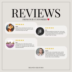 May include: Five-star reviews for wedding vow books. The reviews highlight the high quality, personalization, and spaciousness of the books. The books are shown in a classic green and fern color scheme.