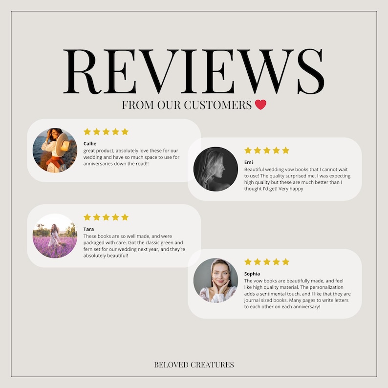 May include: Five-star reviews for wedding vow books. The reviews highlight the high quality, personalization, and spaciousness of the books. The books are shown in a classic green and fern color scheme.