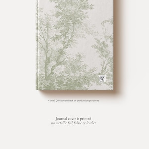 May include: A rectangular journal with a light cream cover featuring a sage green printed pattern of trees and foliage. A small square QR code is visible in the lower right corner of the cover. The design is a flat print on the journal surface.