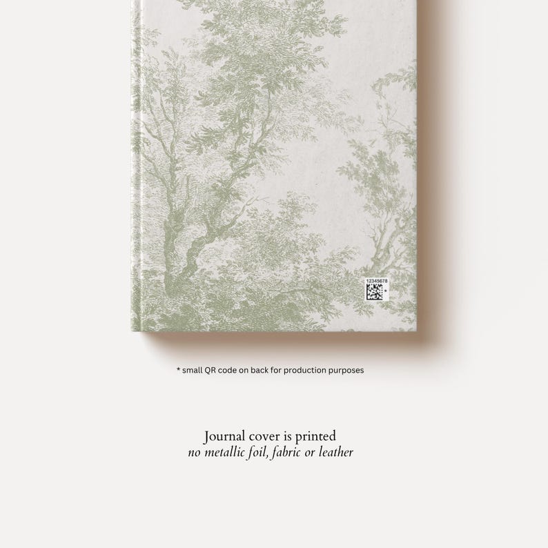 May include: A rectangular journal with a light cream cover featuring a sage green printed pattern of trees and foliage. A small square QR code is visible in the lower right corner of the cover. The design is a flat print on the journal surface.