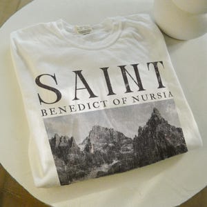 St Benedict of Nursia TShirt Saint Shirt 100% Cotton Catholic Gift Catholic Shirt for Men Confirmation Gift for Godson Saint Benedict