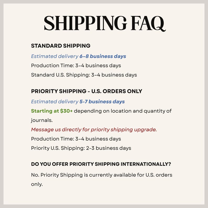 May include: A white informational graphic titled SHIPPING FAQ in black text. It lists Standard Shipping details, Priority Shipping for U.S. orders, and a question regarding international priority shipping with a negative response in black, blue, green, and red.