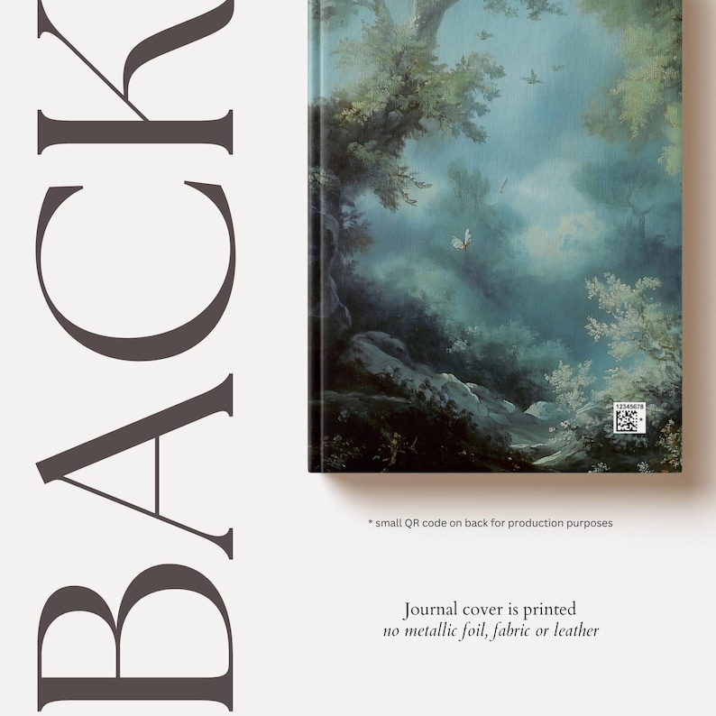 Puede incluir: Una portada de diario impresa con una escena de bosque brumoso en tonos azules y verdes. El texto en la portada dice "Journal cover is printed no metallic foil, fabric or leather".