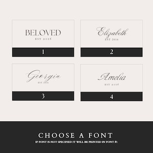 Puede incluir: Cuatro tarjetas blancas con texto negro y n&uacute;meros. Las tarjetas muestran diferentes estilos de fuente para las palabras "Beloved", "Elizabeth", "Georgia" y "Amelia". Cada tarjeta tiene "EST 2016" debajo del nombre. El texto en la parte inferior de la imagen dice "CHOOSE A FONT IF FONT IS NOT SPECIFIED IT WILL BE PRINTED IN FONT #1".