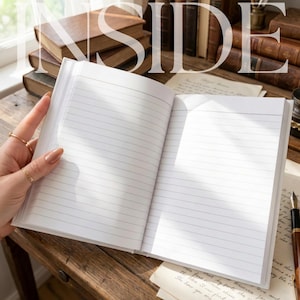 Peut inclure: Un cahier ouvert avec des pages blanches lign&eacute;es est pr&eacute;sent&eacute; sur une surface en bois. Le mot "INSIDE" est visible en arri&egrave;re-plan. D'autres livres et un stylo sont &eacute;galement visibles.