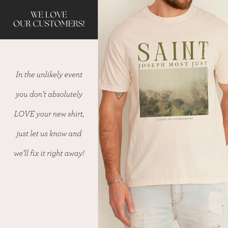 Może przedstawiać: Jasnobeżowy t-shirt z nadrukiem graficznym przedstawiającym krajobraz i tekstem "SAINT JOSEPH MOST JUST LIGHT OF PATRIARCHS".