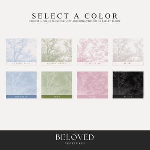 May include: A color chart with 8 different color options for wallpaper. The colors are: Classic Blue, Classic Green, Classic Pink, Ivory, Bluebell, Fern, Rose, and Black.