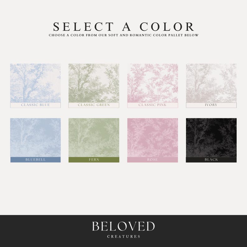 May include: A color chart with 8 different color options for wallpaper. The colors are: Classic Blue, Classic Green, Classic Pink, Ivory, Bluebell, Fern, Rose, and Black.