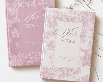 Puede incluir: Dos libros de votos de boda rosa y blanco con un patrón floral. Los libros se titulan "Sus votos" y "Sus votos" con los nombres Noah & Emma y la fecha 02.25.25.