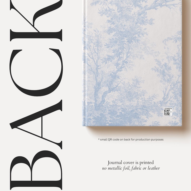 May include: A white journal with a blue floral pattern on the cover. The text "Journal cover is printed no metallic foil, fabric or leather" is printed on the bottom of the image.