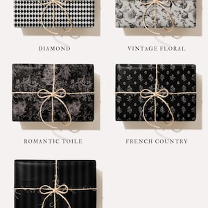 May include: Five wrapped gifts with various patterns and twine bows. Patterns include diamond, vintage floral, romantic toile, French country, and stripes. Each gift is rectangular and tied with natural twine.