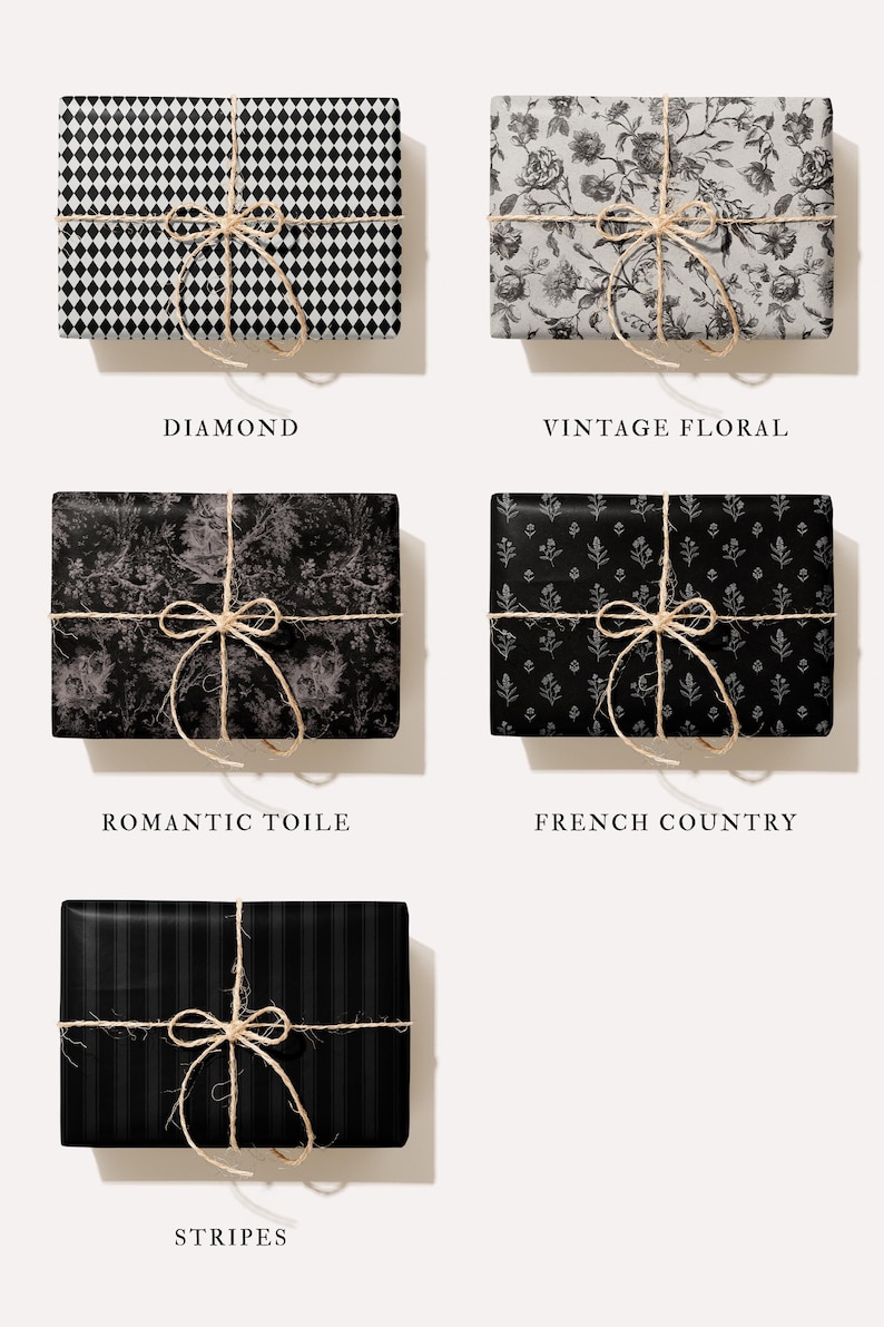May include: Five wrapped gifts with various patterns and twine bows. Patterns include diamond, vintage floral, romantic toile, French country, and stripes. Each gift is rectangular and tied with natural twine.