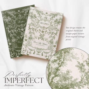 May include: Two recipe journals with floral and botanical designs. One is olive green, the other is off-white. Both feature the word "Recipes" and "From My Kitchen" on the cover. The journals have a vintage aesthetic.