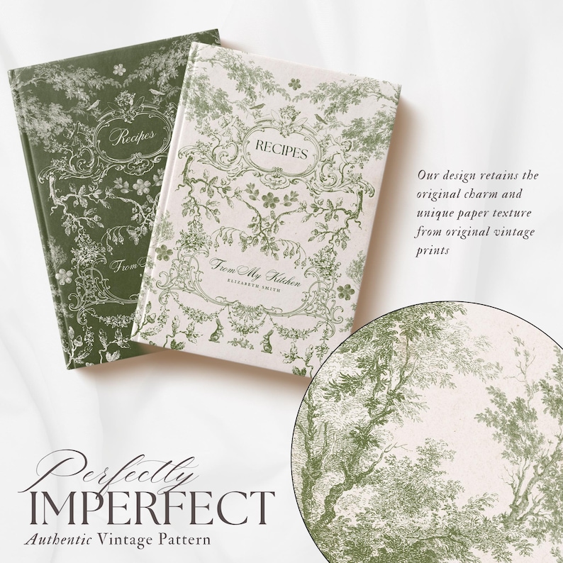 May include: Two recipe journals with floral and botanical designs. One is olive green, the other is off-white. Both feature the word "Recipes" and "From My Kitchen" on the cover. The journals have a vintage aesthetic.