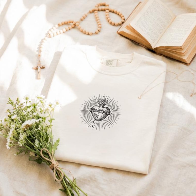 Sacred Heart Tshirt, Christian Shirt, Bible Study Outfit, Faith Shirt, Christian Gift for Her, Baptism Gift, Church Apparel image 2