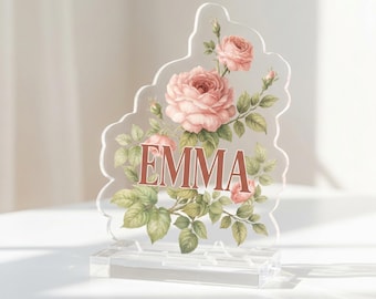 Custom Name Acrylic Standee Personalized Floral Name Sign Clear Acrylic Decor Name Plaque Nursery Decor Desk Shelf Decor Gift for Her