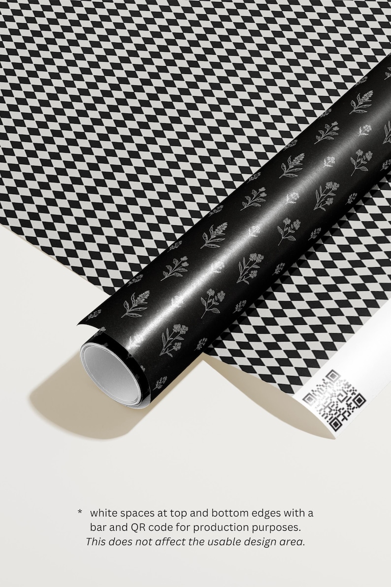 May include: A roll of black wrapping paper with a floral pattern and a roll of white paper with a black and white checkered pattern. The black paper has a silver floral design. The white paper has a QR code.