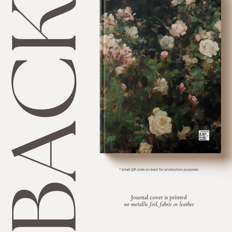 K&ouml;nnte beinhalten: Ein Journal-Umschlag mit einem floralen Design mit wei&szlig;en und rosa Rosen auf einem dunkelgr&uuml;nen Hintergrund. Der Text "Journal cover is printed no metallic foil, fabric or leather" ist unten auf dem Umschlag gedruckt.