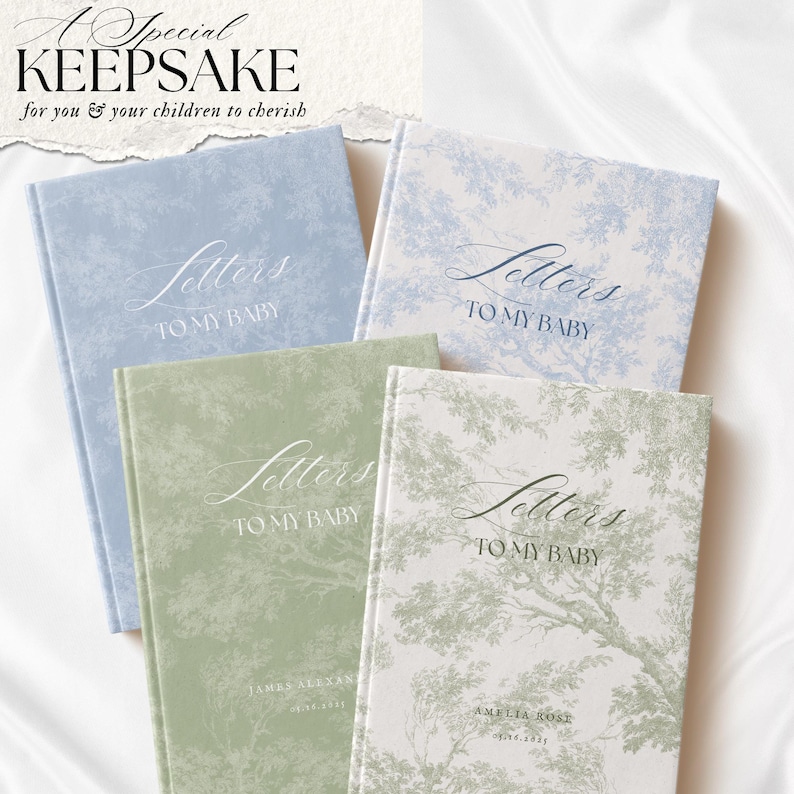 May include: Four hardcover journals with a leafy pattern on the cover. The journals are titled "Letters to My Baby" and have a space for a name and date.