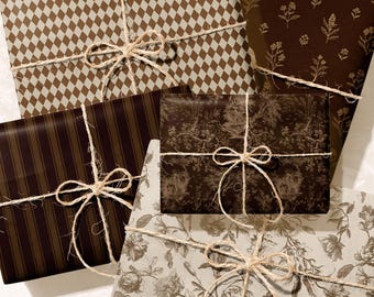 Brown Wrapping Paper Set, Classic Christmas Wrapping Paper, Timeless Vintage Elegant Gift Wrap, Dark Academia Aesthetic, French Toile Floral