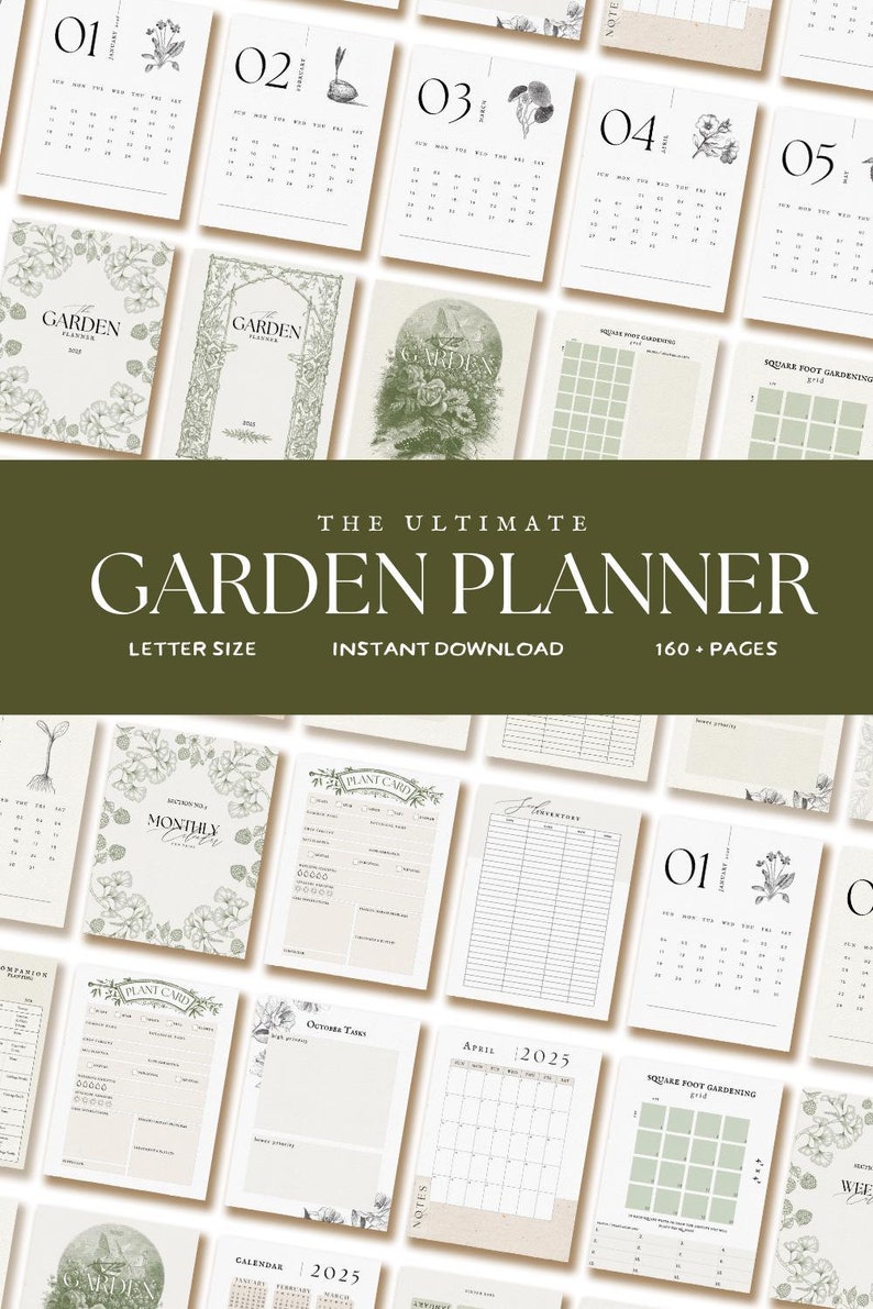 K&ouml;nnte beinhalten: Ein druckbarer Gartenplaner in gr&uuml;n-wei&szlig;em Farbschema. Der Planer enth&auml;lt Monatskalender, Pflanzenkarten, Gitter f&uuml;r das Quadratmeter-G&auml;rtnern und weitere Seiten zum Planen und Verfolgen Ihres Gartens. Der Text "The Ultimate Garden Planner" ist in der Mitte des Bildes zu sehen.