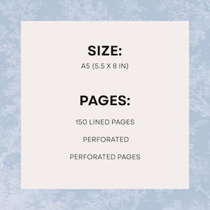 Peut inclure: Un carnet de format A5 avec 150 pages lign&eacute;es et perfor&eacute;es. Le carnet mesure 14 x 20 cm. Le texte sur l'image indique "SIZE: A5 (5.5 X 8 IN)" et "PAGES: 150 LINED PAGES PERFORATED PERFORATED PAGES."