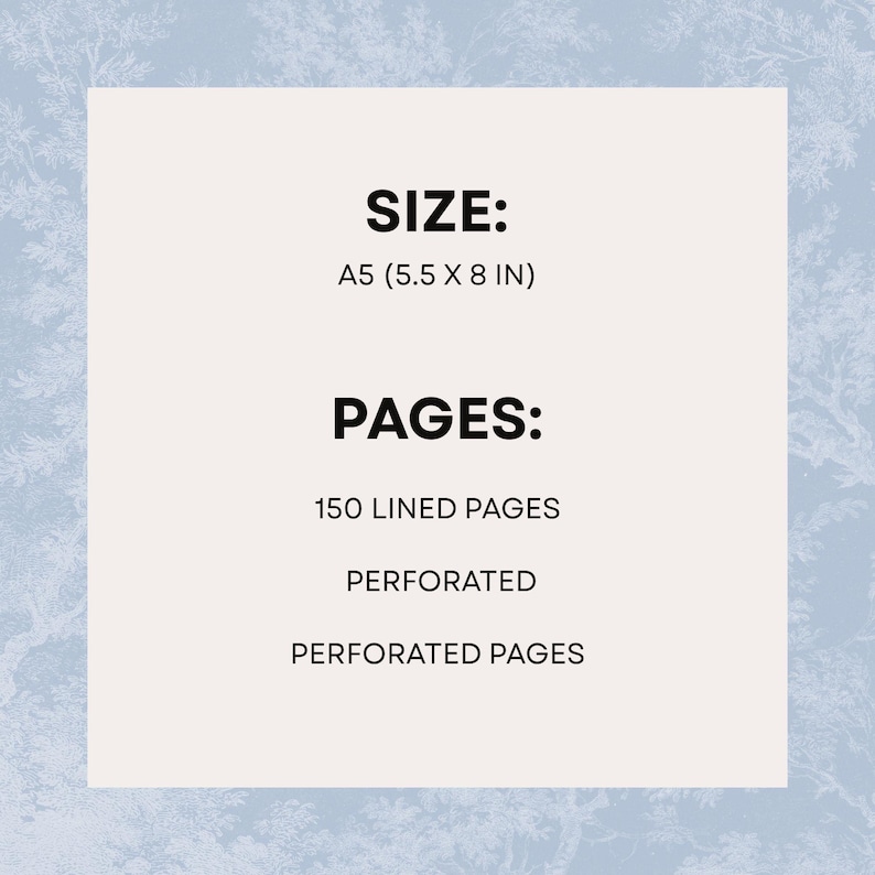 Peut inclure: Un carnet de format A5 avec 150 pages lign&eacute;es et perfor&eacute;es. Le carnet mesure 14 x 20 cm. Le texte sur l'image indique "SIZE: A5 (5.5 X 8 IN)" et "PAGES: 150 LINED PAGES PERFORATED PERFORATED PAGES."