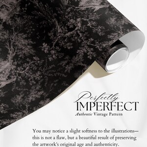 May include: A roll of black and gray vintage-style wrapping paper with a detailed forest illustration. The paper is labeled "Perfectly Imperfect" and is designed for gift wrapping. The paper has a slightly faded appearance.