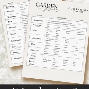 K&ouml;nnte beinhalten: Ein druckbarer Gartenplaner mit einem schwarz-wei&szlig;en Design. Die Tabelle listet verschiedene Pflanzen und ihre Begleit- und Feindpflanzen auf. Die Tabelle ist mit "Garden Planner" und "Friend or Foe?" betitelt und enth&auml;lt den Text "easily reference which plants are compatible with our 4 page companion planting guide".