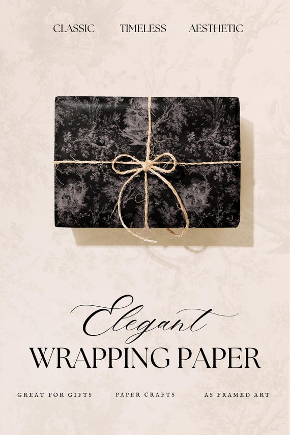 Elegant Black Wrapping Paper | Vintage Old Money Aesthetic | Toile Floral Stripe Check Designs | Holiday Birthday Wedding Gifts