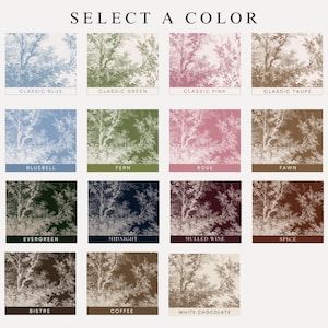 May include: A selection of wallpaper swatches featuring a tree and foliage design in various colors. Colors include Classic Blue, Classic Green, Classic Pink, Classic Taupe, Bluebell, Fern, Rose, Fawn, Evergreen, Midnight, Mulled Wine, Spice, Bistre, Coffee, and White Chocolate.