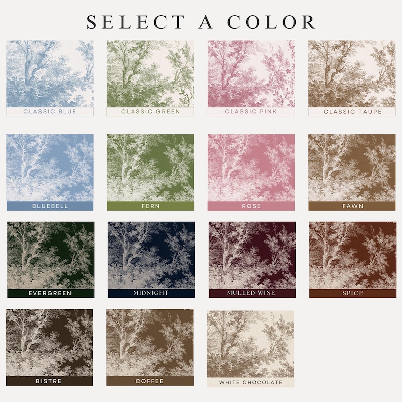 May include: A selection of wallpaper swatches featuring a tree and foliage design in various colors. Colors include Classic Blue, Classic Green, Classic Pink, Classic Taupe, Bluebell, Fern, Rose, Fawn, Evergreen, Midnight, Mulled Wine, Spice, Bistre, Coffee, and White Chocolate.