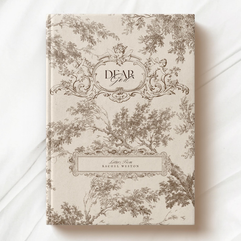 May include: A hardcover book titled Dear God, Letters From Rachel Weston. The cover features a cream background with a brown toile-style print of trees and cherubs. The title is centered in an ornate frame, with the author name below.