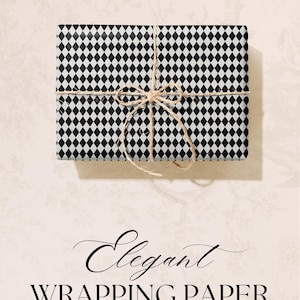 May include: Elegant wrapping paper with a black and white diamond pattern, tied with twine. The words "Classic", "Timeless", and "Aesthetic" are at the top. The text "Elegant Wrapping Paper" is at the bottom.