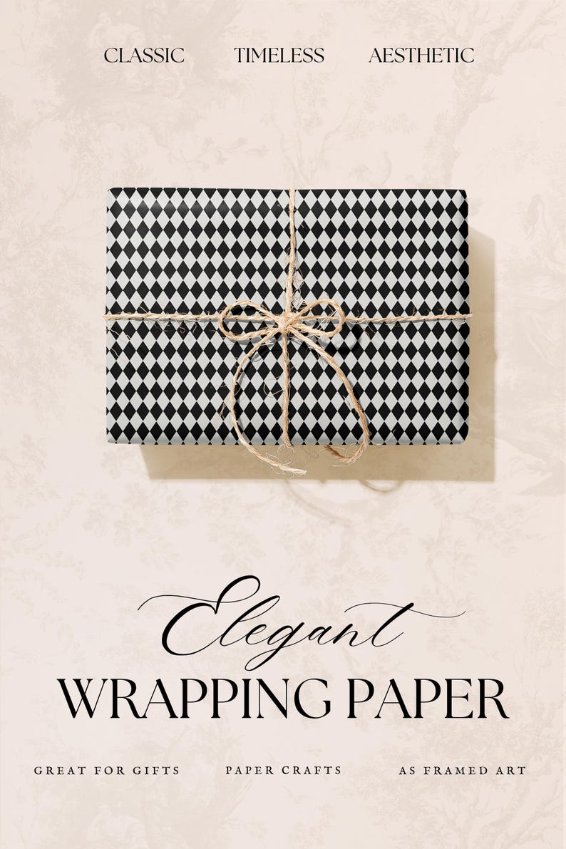 May include: Elegant wrapping paper with a black and white diamond pattern, tied with twine. The words "Classic", "Timeless", and "Aesthetic" are at the top. The text "Elegant Wrapping Paper" is at the bottom.