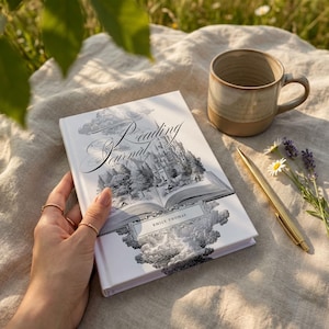 Peut inclure: Un livre blanc "Reading Journal" avec une illustration de ch&acirc;teau et de for&ecirc;t. Le journal porte le nom "Emily Thomas". Un stylo dor&eacute;, une tasse en c&eacute;ramique et des fleurs sont &agrave; c&ocirc;t&eacute; du livre.
