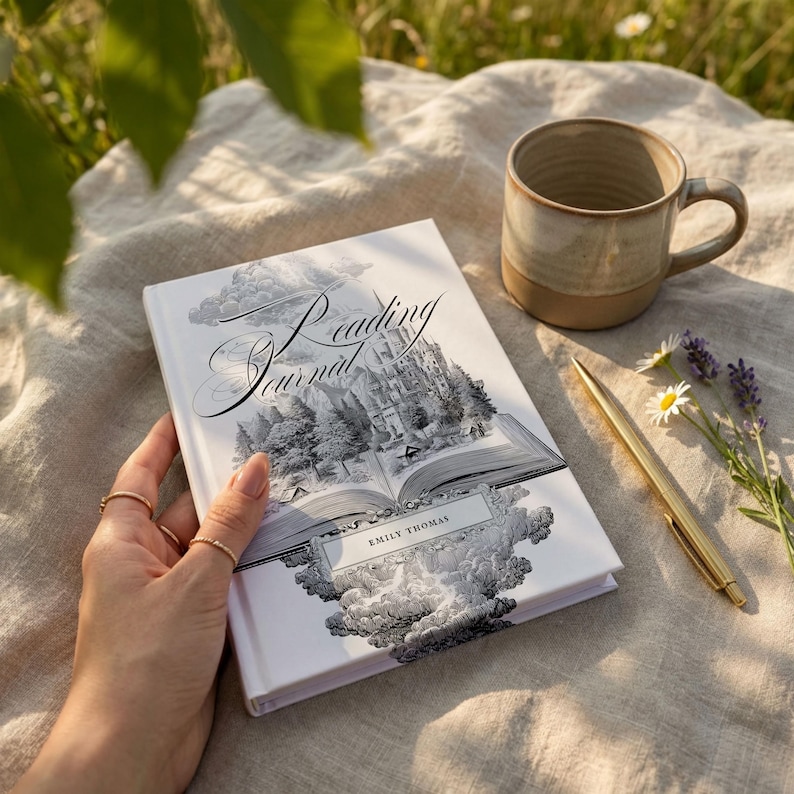 Peut inclure: Un livre blanc "Reading Journal" avec une illustration de ch&acirc;teau et de for&ecirc;t. Le journal porte le nom "Emily Thomas". Un stylo dor&eacute;, une tasse en c&eacute;ramique et des fleurs sont &agrave; c&ocirc;t&eacute; du livre.