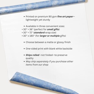 May include: White paper with the word "DETAILS" at the top. The paper has a blue snowflake pattern on the rolled edge. Text on the paper describes the product's features, including sizes of 30" x 36", 30" x 72", and 30" x 180".