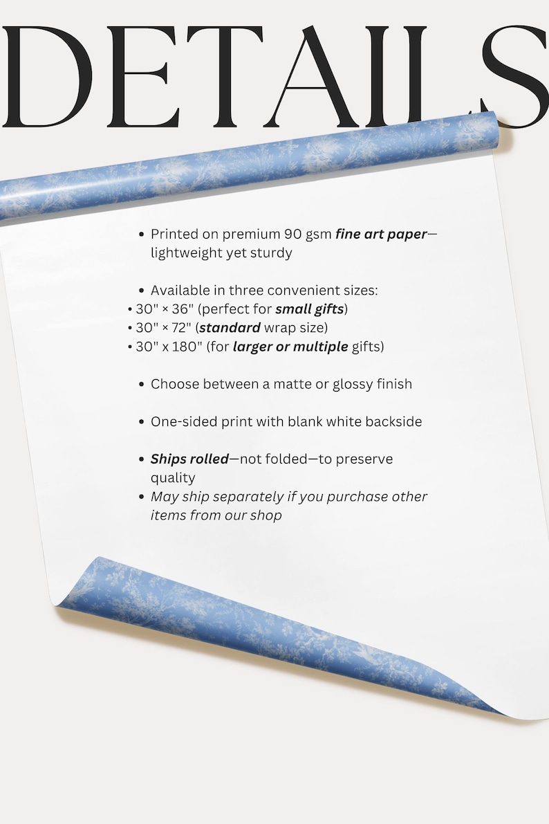 May include: White paper with the word "DETAILS" at the top. The paper has a blue snowflake pattern on the rolled edge. Text on the paper describes the product's features, including sizes of 30" x 36", 30" x 72", and 30" x 180".