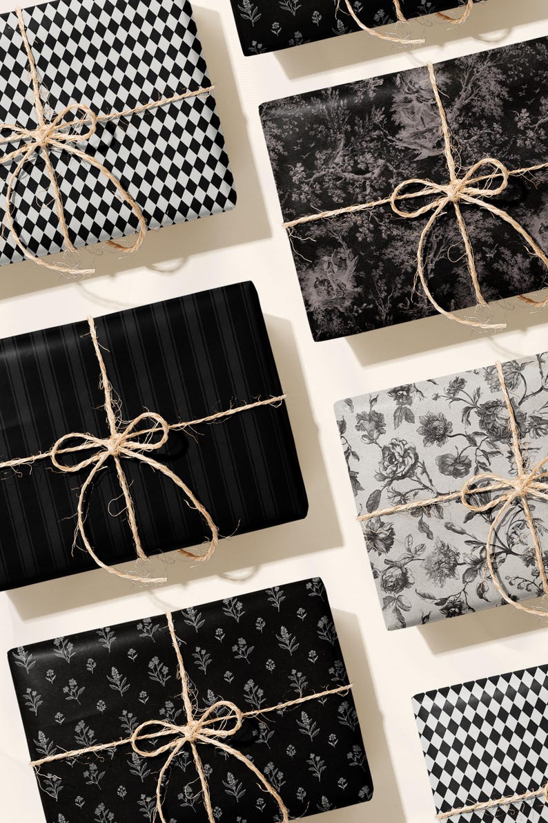 May include: An assortment of wrapped gifts with various patterns, including black and white diamond, floral, and striped designs. Each gift is tied with twine and a bow, creating a classic and elegant presentation. The gifts are arranged on a light-colored surface.