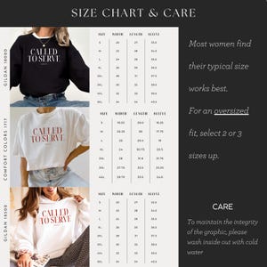 May include: Size chart and care instructions for a sweatshirt, t-shirt, and hoodie with the text "Called to Serve". The chart includes measurements for width, length, and sleeve length in inches for sizes S to 5XL.