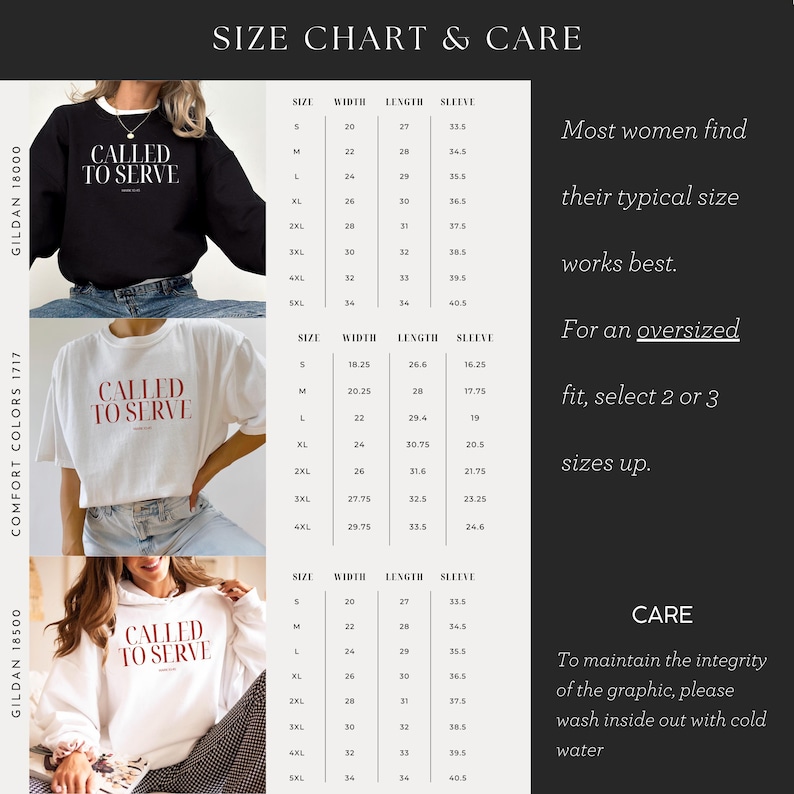 May include: Size chart and care instructions for a sweatshirt, t-shirt, and hoodie with the text "Called to Serve". The chart includes measurements for width, length, and sleeve length in inches for sizes S to 5XL.