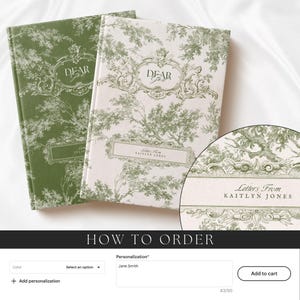 May include: Two hardcover journals with green and white toile patterns. The covers feature the text "DEAR GOD" in a decorative frame and a rectangular label with the text "Letters From KAITLYN JONES". A circular inset shows a close-up of the label.